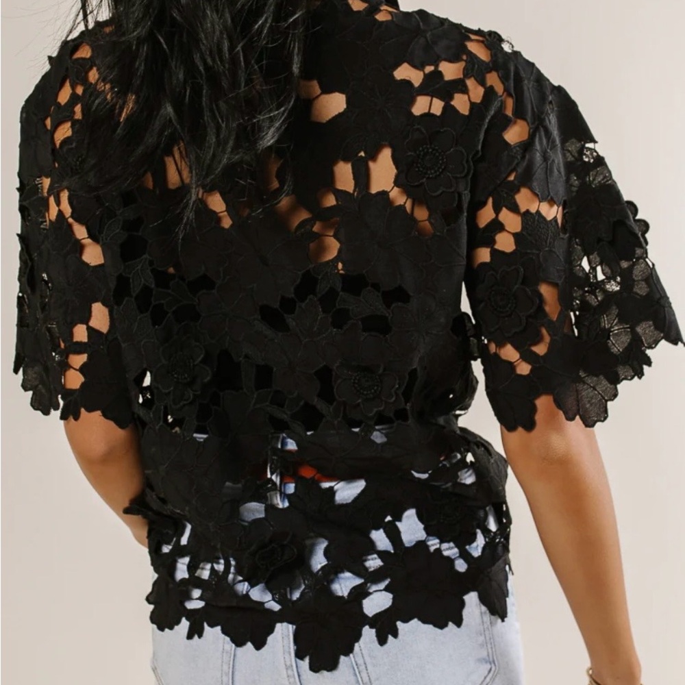 bohme Black Floral Crochet Button-Down Top